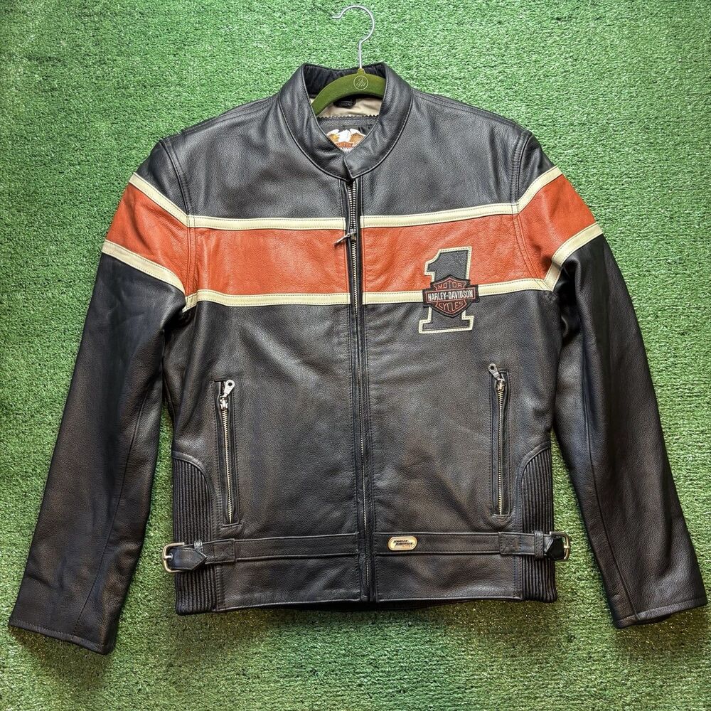 VINTAGE RARE HARLEY DAVIDSON FULL ZIPP LEATHER JACKET Race Stripe SZ S WMN